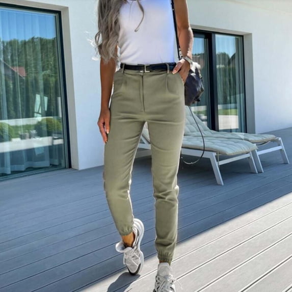 HUPOM Womens Dress Pants Stretchy Women Capri Pants Track Pants High Waist Rise Full Straight-Leg Green L