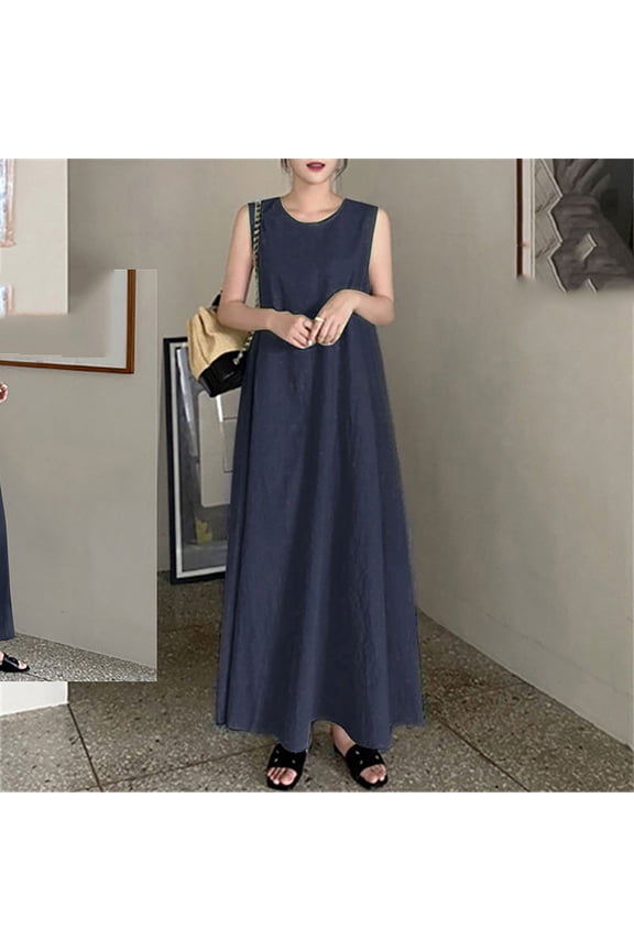 Womens Dresses Summer 2023 Maxi Dresses For Women Flowing Fit & Flare Dress Navy 2XL