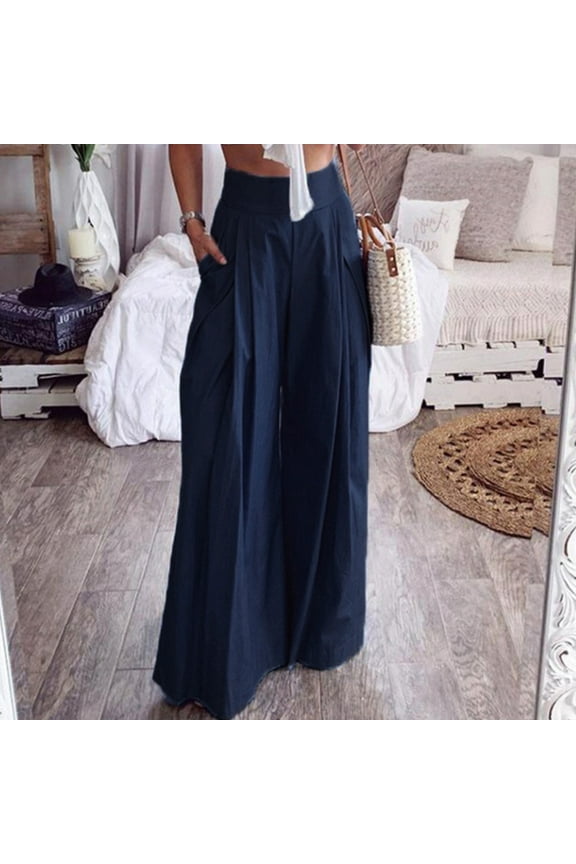 Womens Scrub Pants Joggers Pants For Women Pleated High Waist Rise Full Flare-Leg Dark Blue 3XL