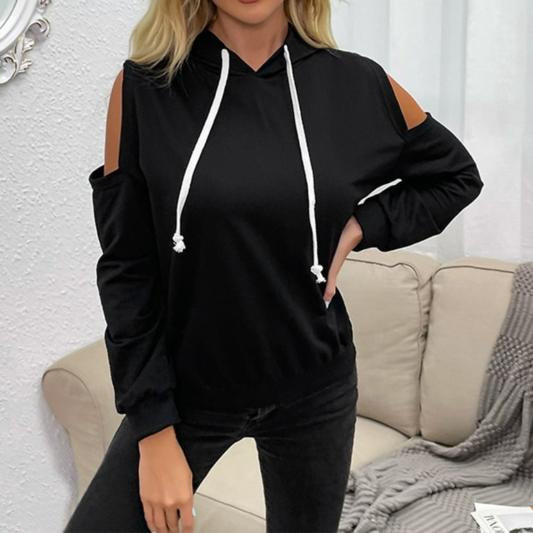 HUPOM Womens Sweatshirts Off-the-Shoulder Hoodie Flap Sweater Black L 