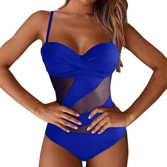 HUPOM Womens Swimsuits Halter High Waist Sleeveless Retro A-line Halter Blue S