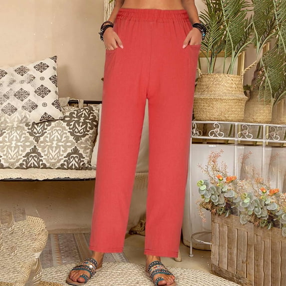 HUPOM Womens Trouser Pants Womens Pants Carpenter High Waist Rise Full Slim Straight Red XL