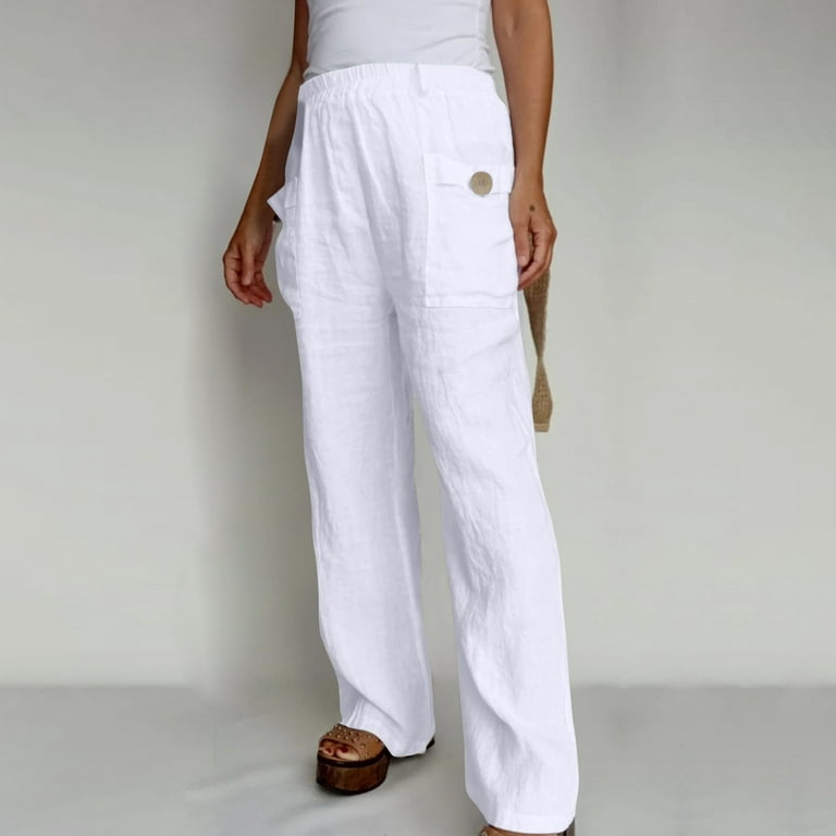 HUPOM Womens Wide Leg Pants Casual Cargo Pants Carpenter High Waist Rise  Full Slim Straight White XL 
