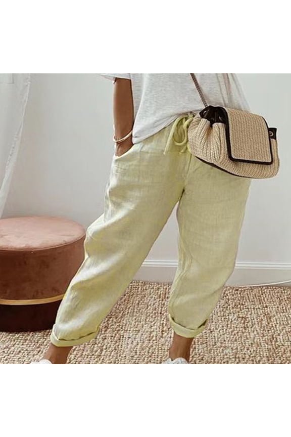 Womens Wide Leg Pants Casual Pants Carpenter High Waist Rise Ankle Slim Straight Yellow S