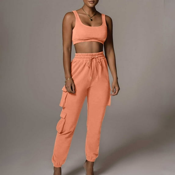 HUPOM Womens Wide Leg Pants Casual Pants Standard High Waist Rise Long Straight-Leg Orange S
