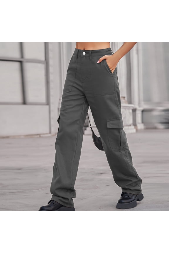 Womens Wide Leg Pants Casual Training Pants Carpenter High Waist Rise Long Slim Straight Gray S