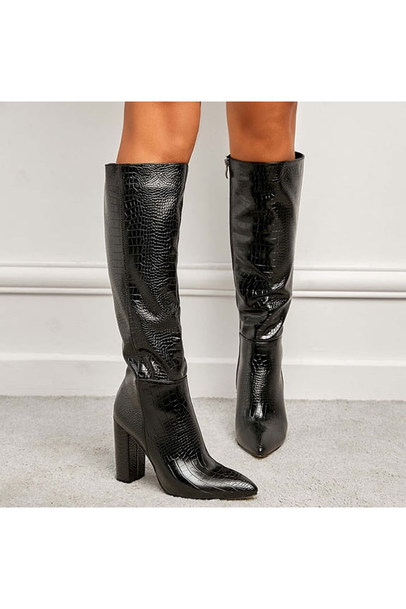 Work Boots For Women Heels High Heel Leather Zip-Up Over The Knee Boots Black 39(US:6.5)