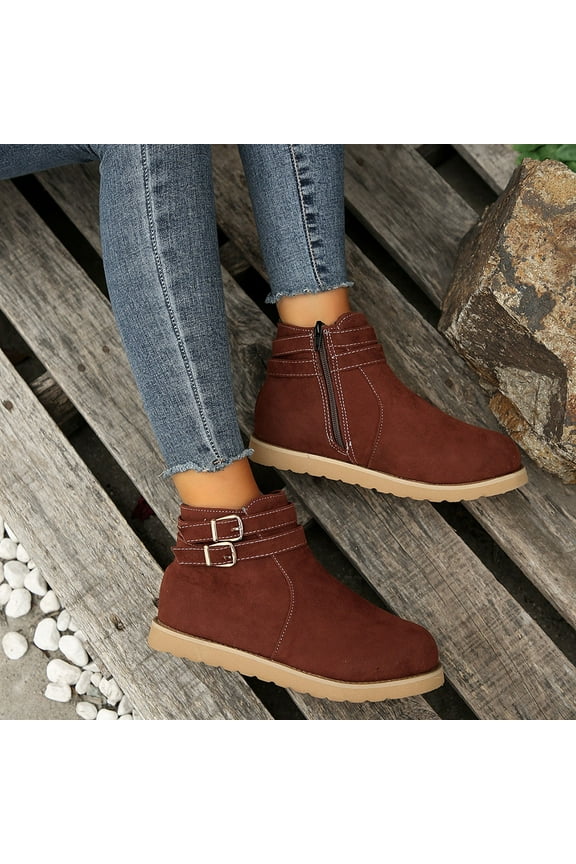 Work Boots For Women Heels Low Heel Leather Buckle Women'S Ankle Boots & Booties Brown 39(US:7)