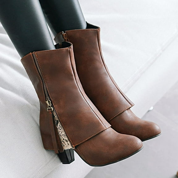 HUPOM Work Boots For Women Pumps Mid Heel Rubber Zip-Up Ankle Boots Brown 43(US:9.5)