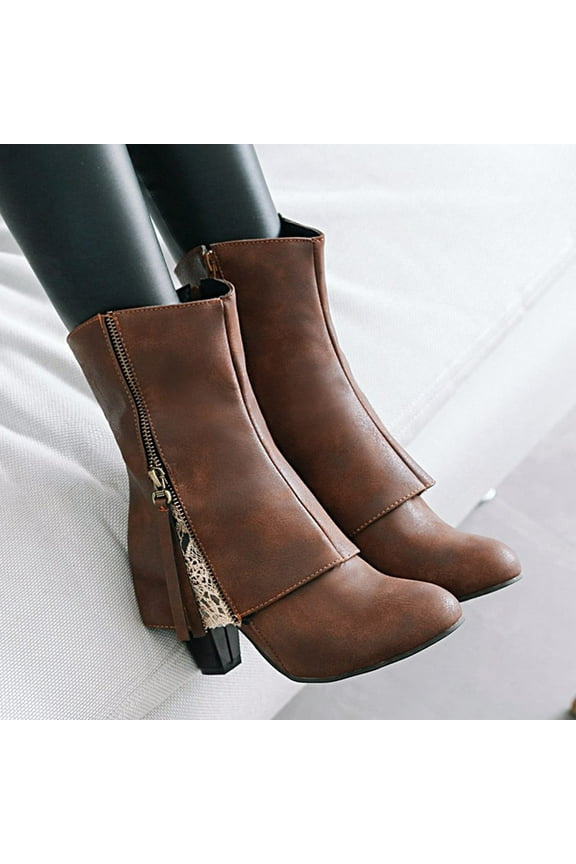 Work Boots For Women Pumps Mid Heel Rubber Zip-Up Ankle Boots Brown 43(US:9.5)