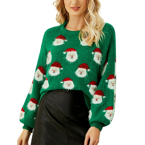 HUPTTEW Coatigan Sweaters for Women Crew Neck Long Sleeve Sweaters Tops Christmas Print Green M