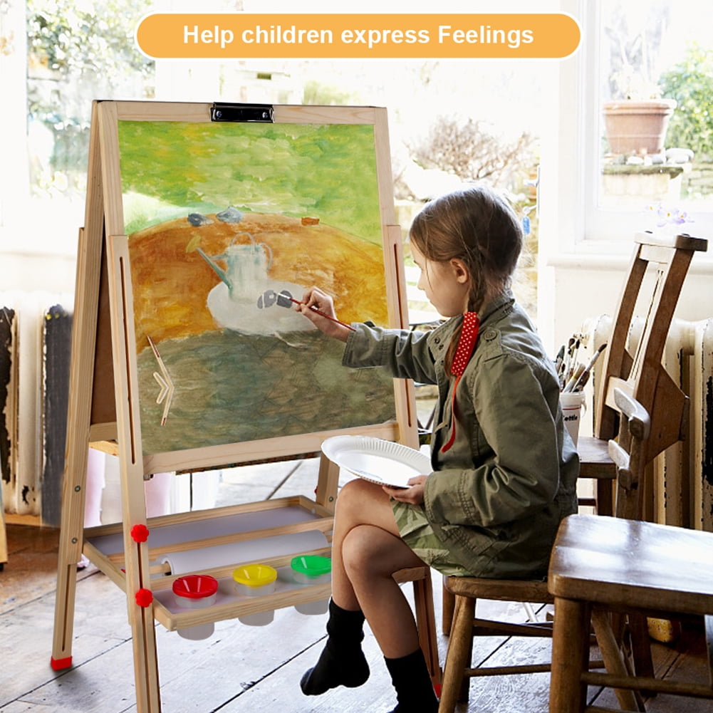 HURRISE Double-Sided Magnetic Lifting All-In-One Wooden Kid's Art Easel with Paper Roll and Accessories