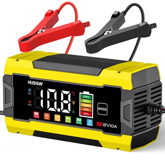 HUSGW 12V 10A Smart Battery Charger, Color Screen, Matte Surface, US Plug, Compatible with Lead-Acid, Ternary Lithium, LiFePO4 Batteries for Cars and Motorcycles