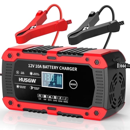 HUSGW Battery Charger 10-Amp 12V Fully-Automatic Smart Car Battery Charger, Battery Maintainer Trickle Charger, Compatible with Lead-Acid & LiFePO4 Iron Batteries,AGM, STD, Gel, Deep Cycle Batteries