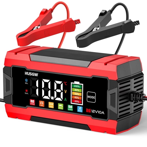 HUSGW 12V 10A Smart Battery Charger, Color Screen, Matte Surface, US Plug, Compatible with Lead-Acid, Ternary Lithium, LiFePO4 Batteries for Cars and Motorcycles
