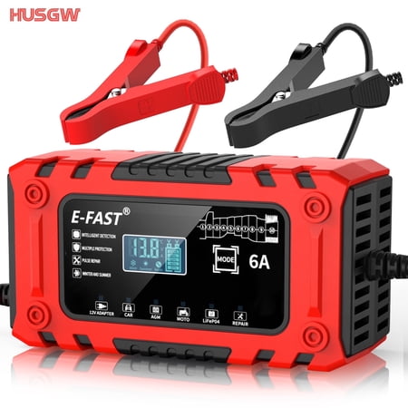HUSGW Battery Charger 6-Amp 12V Fully-Automatic Smart Car Battery Charger, Battery Maintainer Trickle Charger, Compatible with Lead-Acid & LiFePO4 Iron Batteries,AGM, STD, Gel, Deep Cycle Batteries