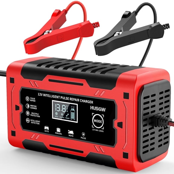 HUSGW 12V 6A Battery Charger, Fully-Automatic Smart Car Battery Charger, Compatible with Lead-Acid & LiFePO4 Lithium Iron Phosphate Batteries for Cars and Motorcycles