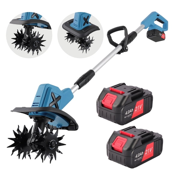 HUSGW 21V Cordless Tiller Cultivator, 270RPM Electric Garden Tiller, with 2 * 4.0Ah Batteries & Charger, 9In Tilling Width and 6In Depth Garden Rototiller for Lawn/Gardening/Soil Cultivation