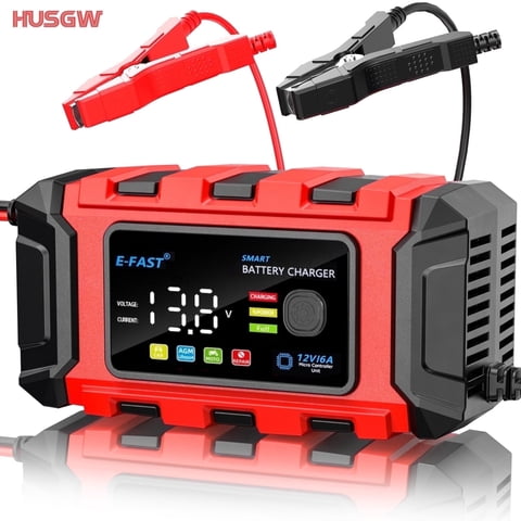 HUSGW 12V 6A Battery Charger, Fully-Automatic Smart Car Battery Charger, Compatible with Lead-Acid & LiFePO4  Batteries for Cars and Motorcycles