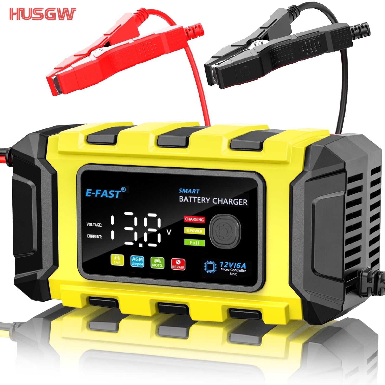 HUSGW color screen 12V6A car and motorcycle battery charger lead-acid lithium battery universal black yellow