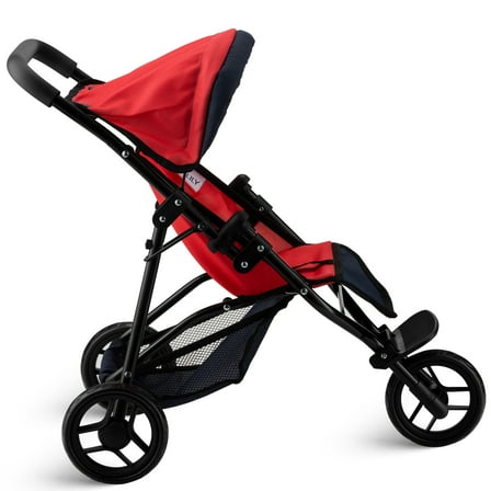 HUSHLILY Baby Doll Jogger Stroller with Adjustable Canopy & Basket, Foldable, with Smooth Rolling Wheels, Red & Denim Blue