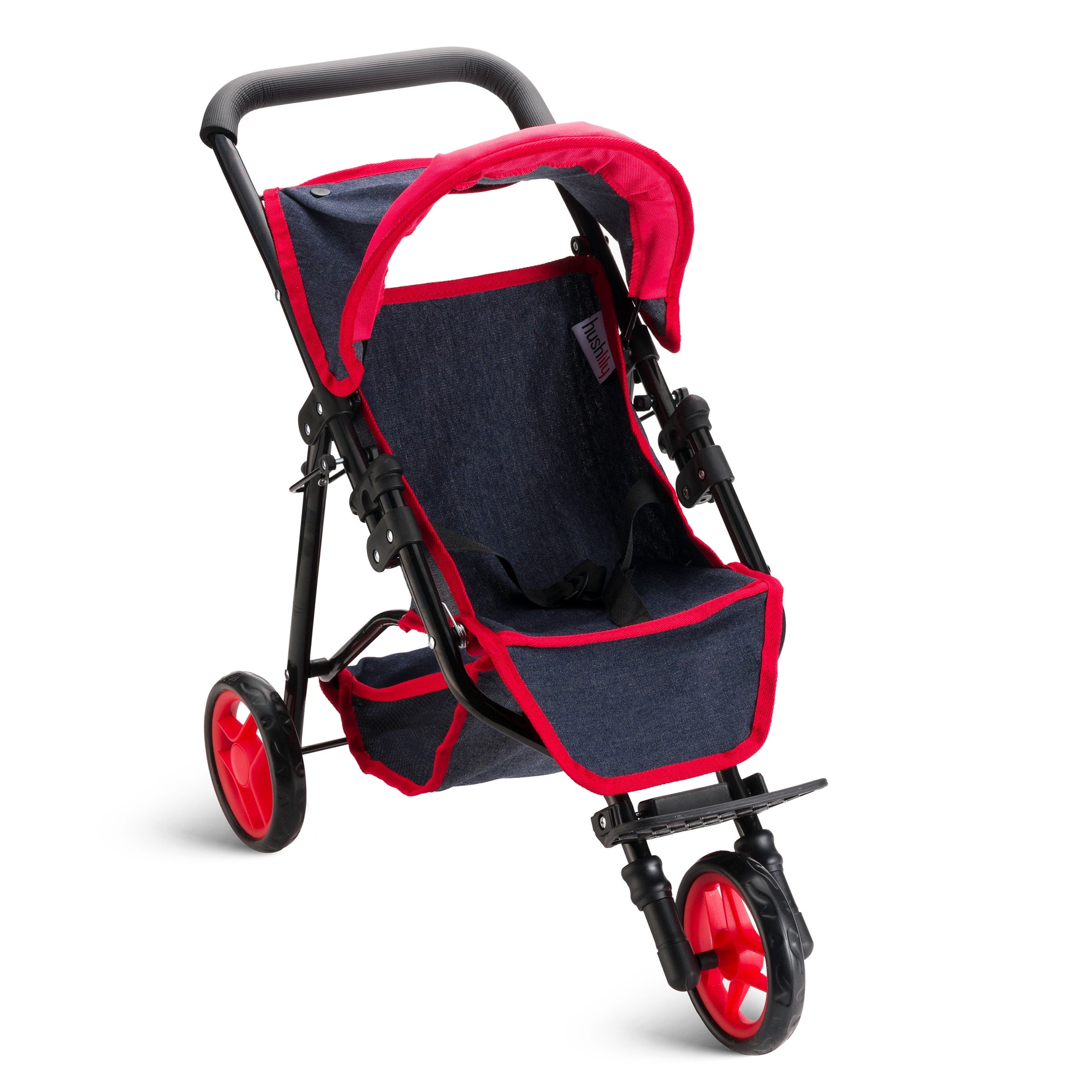 HUSHLILY - Baby Doll Jogger Stroller with Adjustable Canopy & Basket, Foldable, with Smooth Rolling Wheels, Denim Blue & Red