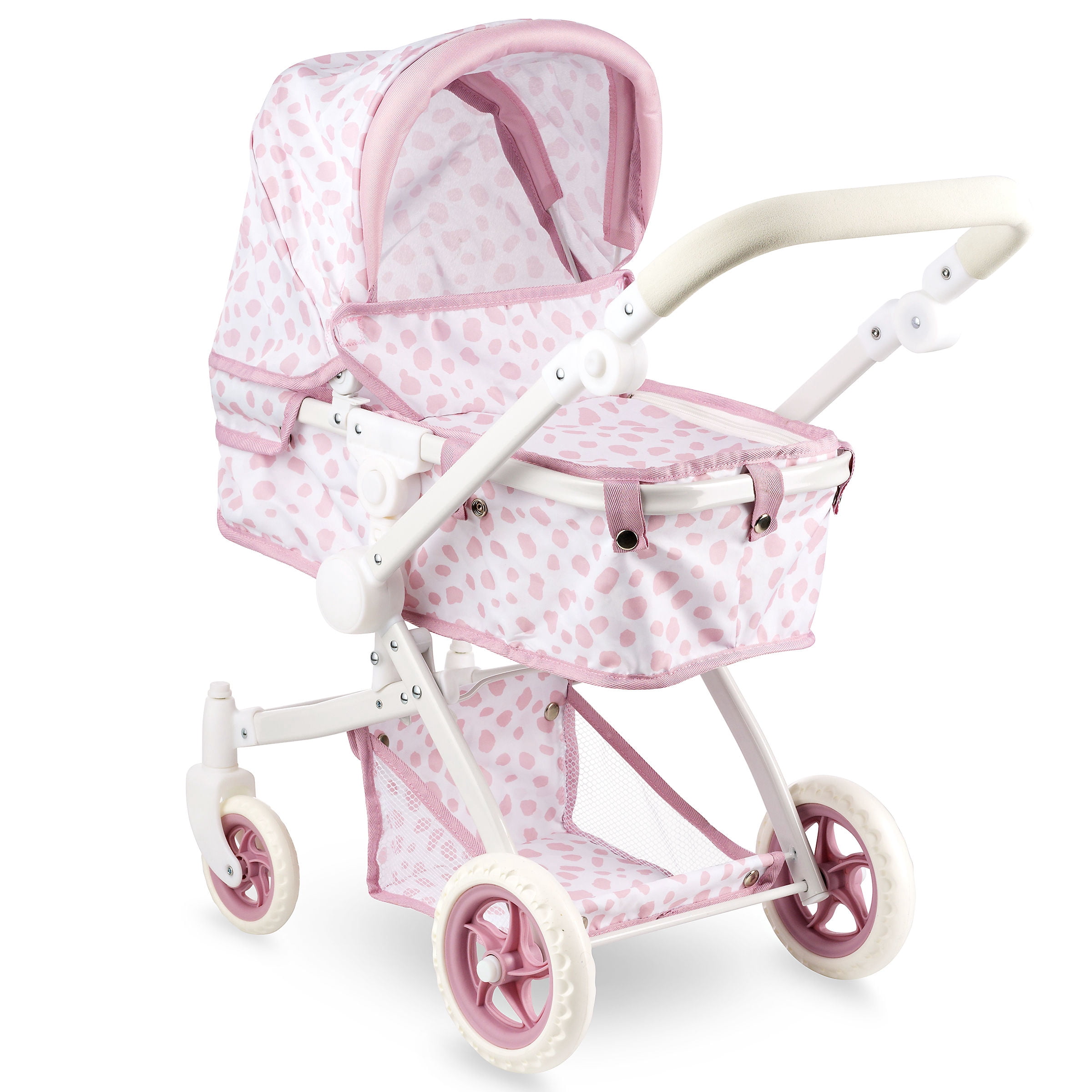HUSHLILY - Convertible Baby Doll Stroller for Dolls - Bassinet Toy Buggy for Toddlers 3 Years and up, Adjustable Seat & Handle with Storage Basket, Pink Polka Dot Design for Kids