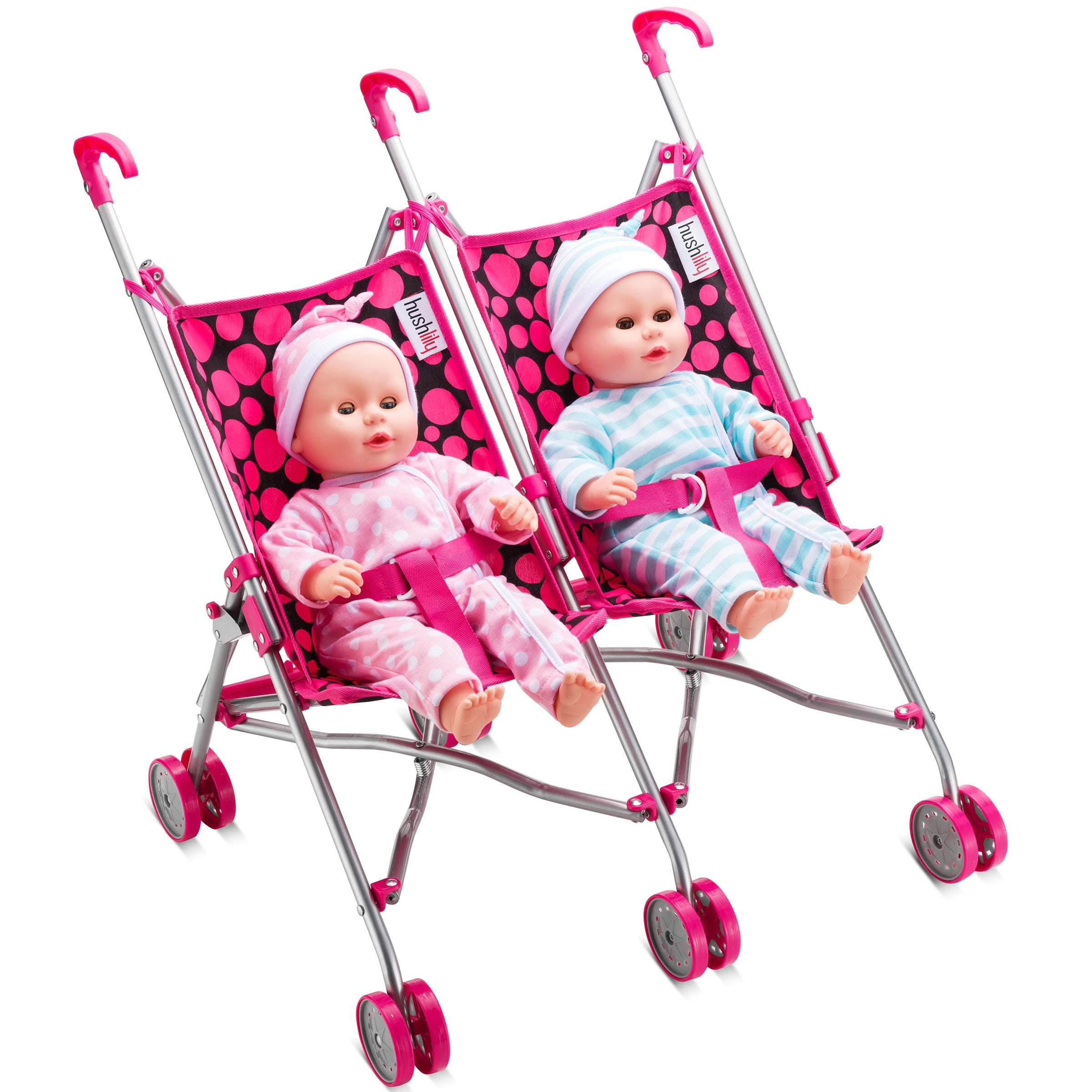 HUSHLILY - Double Doll Stroller for Twin Baby Dolls - Toy Stroller for Toddlers 3 Years and up, Pink & Black Polka Dots Design for Kids