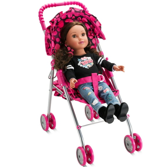 HUSHLILY® - Foldable Baby Doll Stroller with Smooth Rolling Wheels with Adjustable Canopy & Basket - Pink & Black Polka Dots