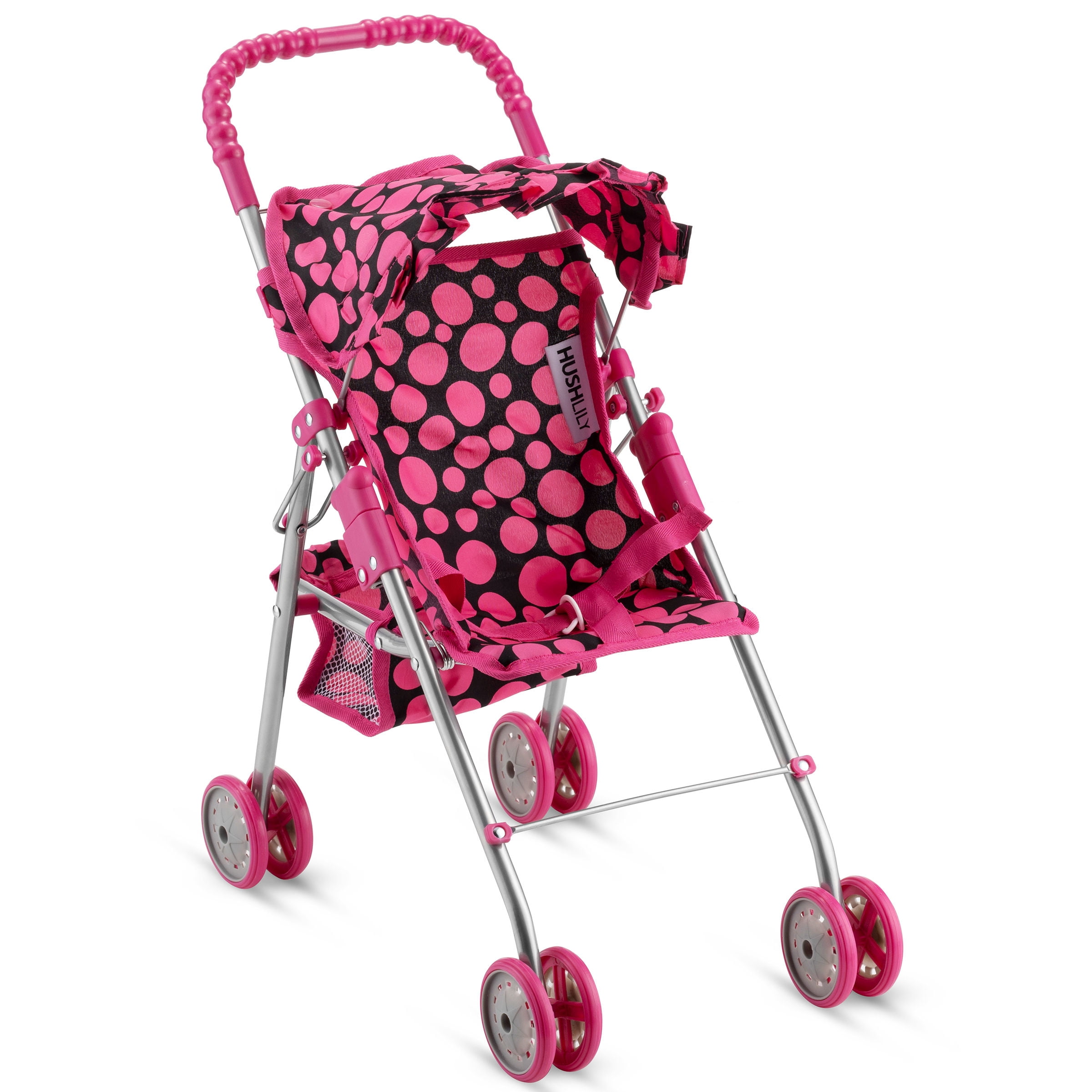 HUSHLILY - Foldable Baby Doll Stroller with Smooth Rolling Wheels with Adjustable Canopy & Basket - Pink & Black Polka Dots