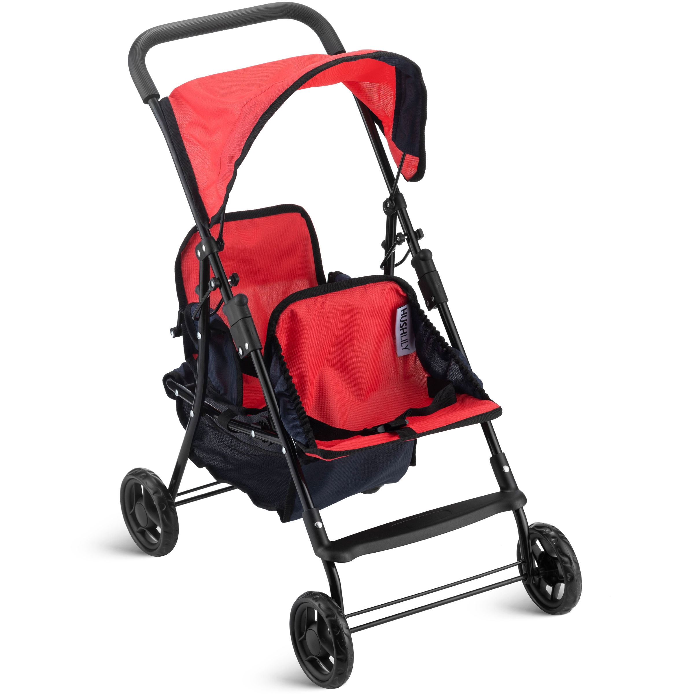 HUSHLILY - Tandem Double Doll Stroller with Adjustable Canopy & Basket, Foldable, with Smooth Rolling Wheels (Red & Blue)