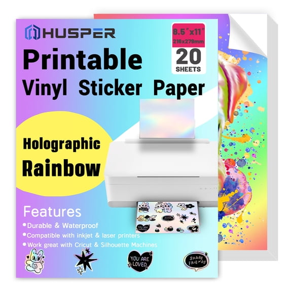 HUSPER Holographic Rainbow Vinyl Sticker Paper Printable Waterproof Stickers 20 Pack