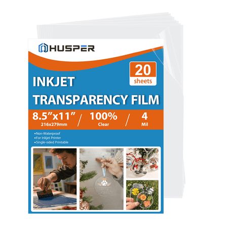 HUSPER 20 Sheets Pintable Transparency Film Acetate Clear Sheets for Crafts 8.5x11 OHP Overhead Projector Film For Inkjet Printer Quick-Dry
