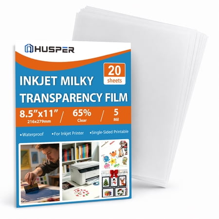 HUSPER 20 Sheets Pintable Waterproof Milky Transparency Film Acetate Clear Sheets for Crafts 8.5x11 OHP Overhead Projector Film For Inkjet Printer Quick-Dry