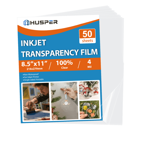 HUSPER 50 Sheets Pintable Transparency Film Acetate Clear Sheets for Crafts 8.5x11 OHP Overhead Projector Film For Inkjet Printer Quick-Dry