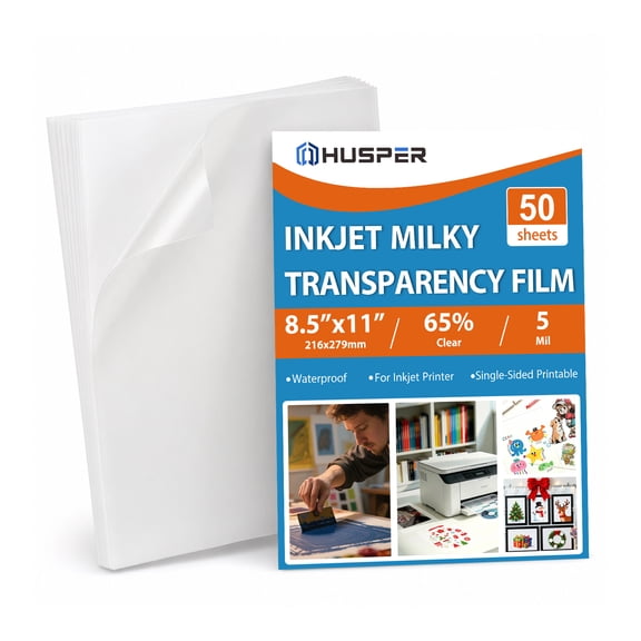 HUSPER 50 Sheets Pintable Waterproof Milky Transparency Film Acetate Clear Sheets for Crafts 8.5x11 OHP Overhead Projector Film For Inkjet Printer Quick-Dry