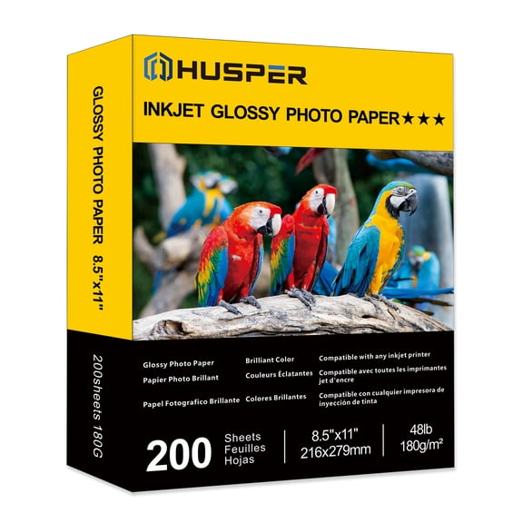 HUSPER Glossy Inkjet Photo Paper 200 Sheets 8.5x11 Inches 48lb Professional Photographic Paper Compatible with Dye Ink Printer 180GSM Instant Dry