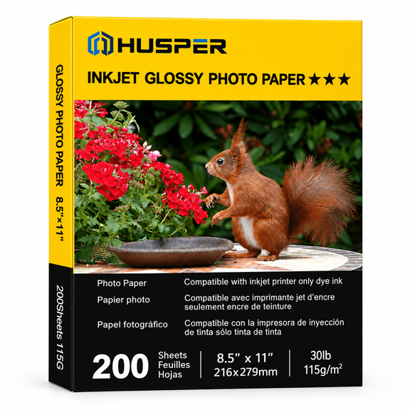 HUSPER Glossy Thin Inkjet Printer Paper 8.5x11 Inches 200 Sheets for DIY Chip Bag and Custom Party Favors 30LB Photo Paper 115g