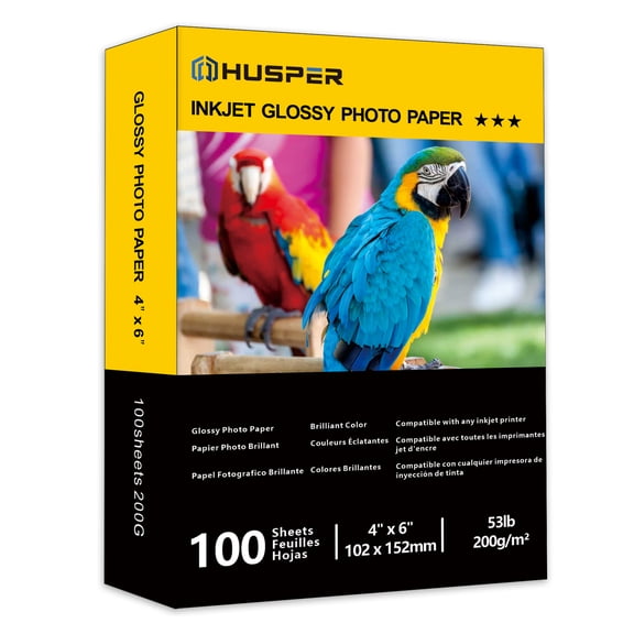 HUSPER Inkjet Glossy Photo Paper 100 Sheets 4x6 Inches 53lb Professional Photographic Paper Compatible with Dye Ink Printer 200GSM Instant Dry