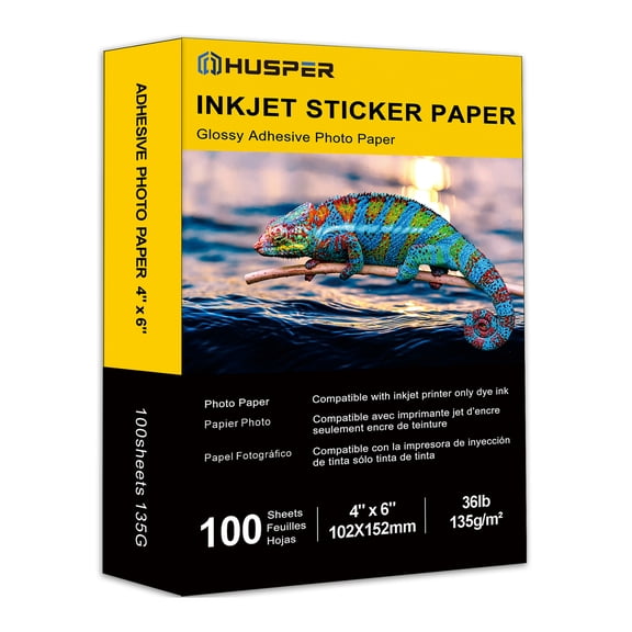 HUSPER Self-Adhesive Photo Paper 4 x 6 Inches Glossy Sticker Paper for Inkjet Printer 100 Sheets 135 gsm 36Ib Dye Ink Only