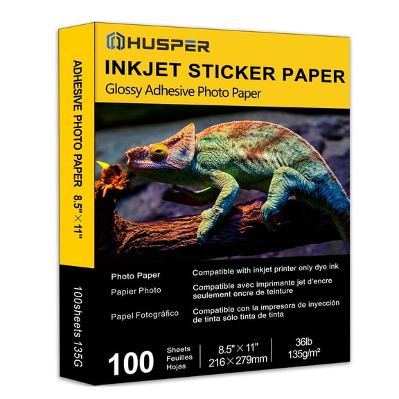 HUSPER Self-Adhesive Photo Paper 8.5 x 11 Inches Glossy Sticker Paper for Inkjet Printer 100 Sheets 135 gsm 36Ib Dye Ink Only