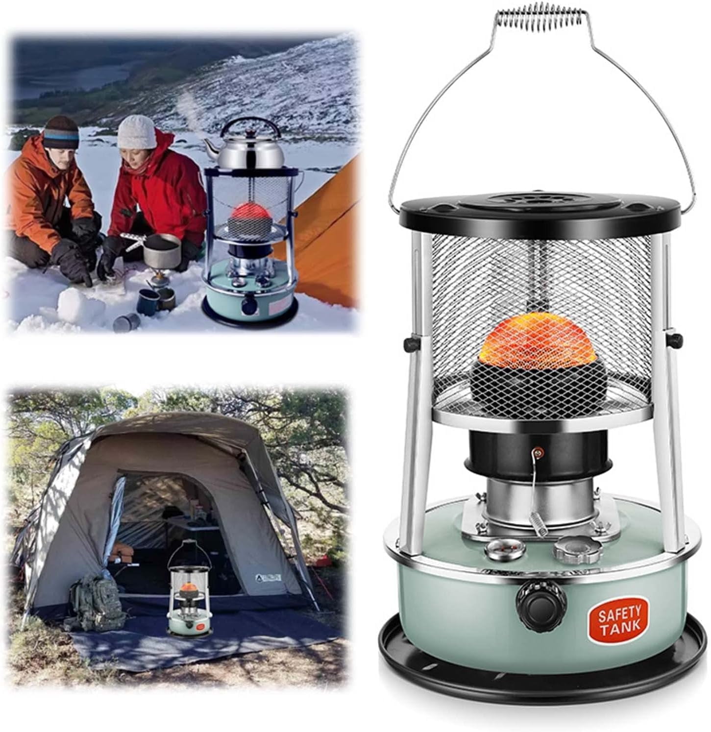 HUSPUR Emergency Heater For Outdoor, Camping Stove Mobile Non Electric Kerosene Heater 8900 BTU Radiant Heaters For Winter Hiking Tent 4.5L Green 6 Wicks