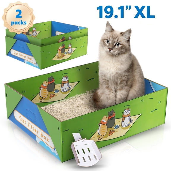 Hutact 2 Pack Disposable Cat Litter Box, 19.1" Extra Large Portable Litter Pan for Large Cats Foldable Litter Box Leak-Proof Cat Potty + 2 Litter Scoops for Travel Use