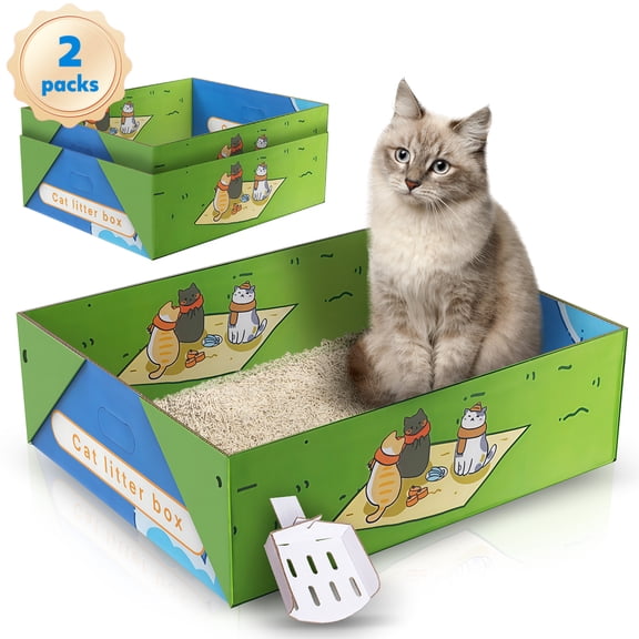 Hutact 2 Pack Disposable Cat Litter Box, 19.1" Extra Large Portable Litter Pan for Large Cats Foldable Litter Box Leak-Proof Cat Potty + 2 Litter Scoops for Travel Use