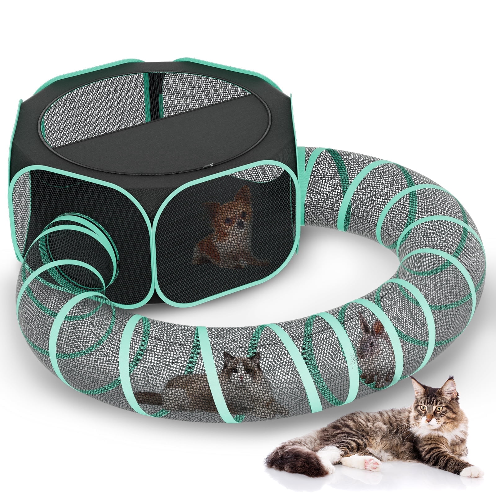 Hutact All-in-1 Pet Playpen with Tunnel for Cats Rabbits Exercise, 47" Portable Cat Playpen with Shade Top for Indoor/Outdoor Travel Small Dog Playpen
