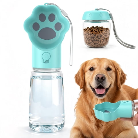 Hutact Dog Water Bottle with Food Container, 18.6oz Pet Dispenser Cup, Detachable Food Storage, Portable Leak Proof Lock Dog Water Bottle for Outdoor Daily Walking Camping Hiking Travel, Blue