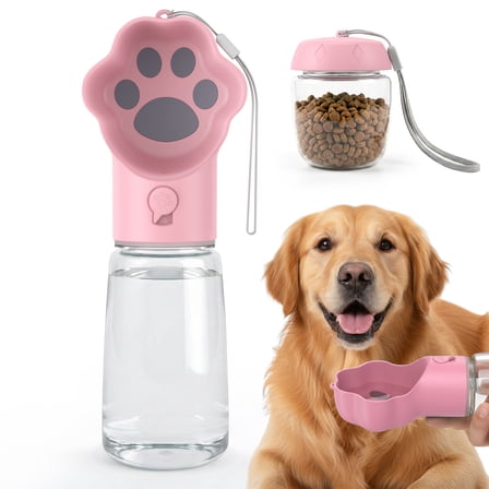 Hutact Dog Water Bottle with Food Container, 18.6oz Pet Dispenser Cup, Detachable 5.7oz Food Container, Portable Leak-Proof Water Bottle with Lock, Pink
