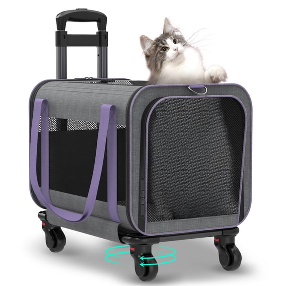 Hutact Pet Travel Carrier for Small Medium Cats, Durable Rolling Dog Cat Carrier with 360 Silent Wheels & Ventilated Mesh, Purple Pet Carrier Trolley