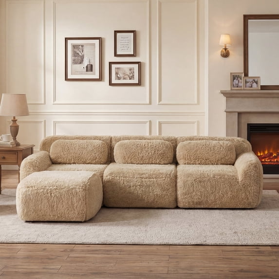 HUTWIFE Home L-Shaped Plush Reclining Sectional Sofas with 1 Ottoman, Light Khaki