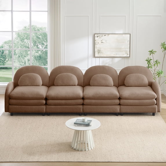 HUTWIFE 129.1" 4- Seater Teddy Velvet Sofa Camel Modular Couch with Curved Back & Lumbar Pillows